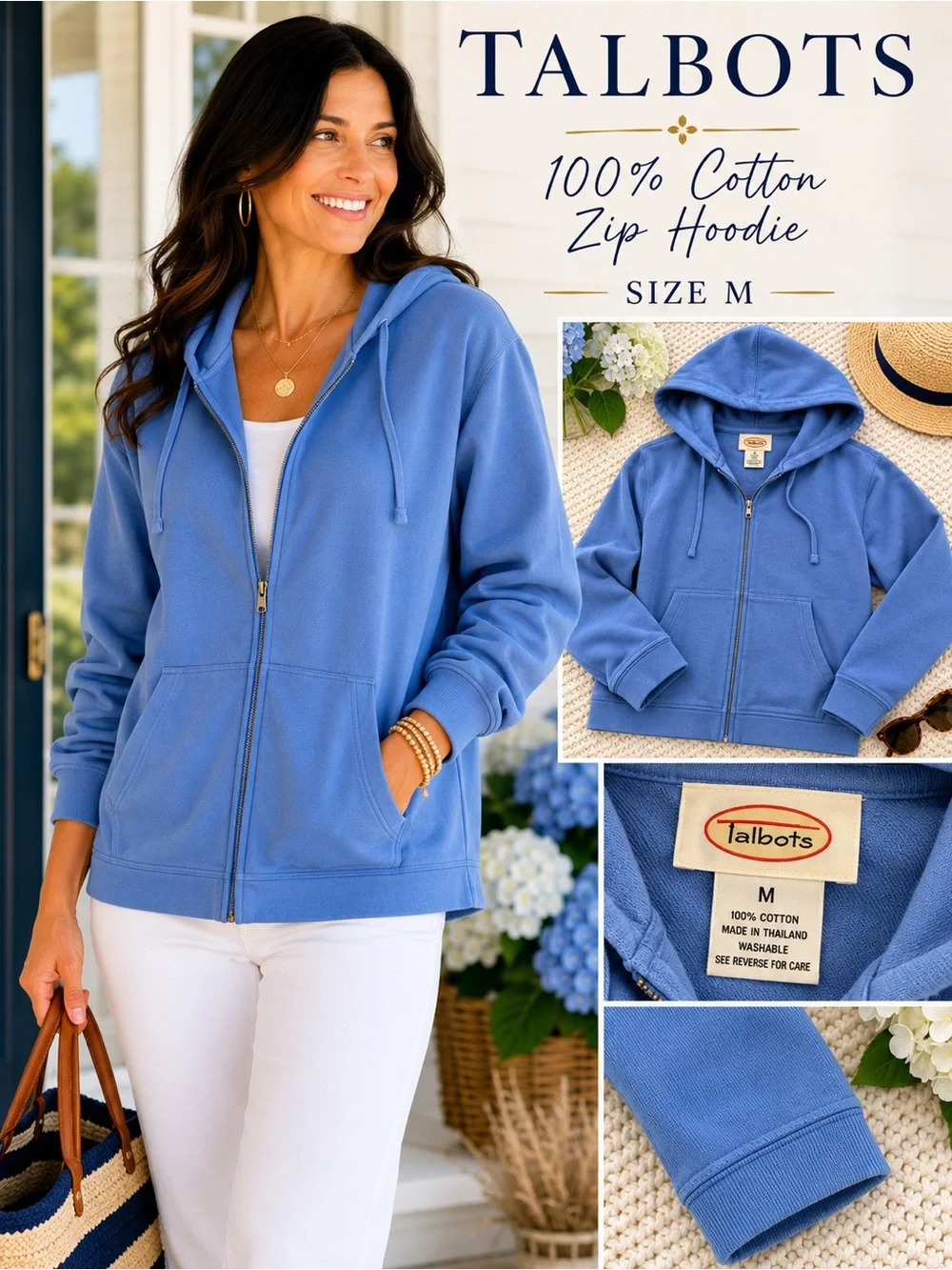 Talbots Periwinkle Blue Cotton Zip Hoodie with Hood